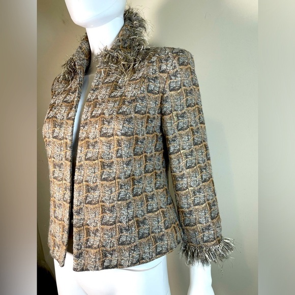 JULIANA COLLEZIONE Wool Mohair Blend TEXTURED Gold Fringe JACKET BLAZER Sz 2 - Picture 2 of 16